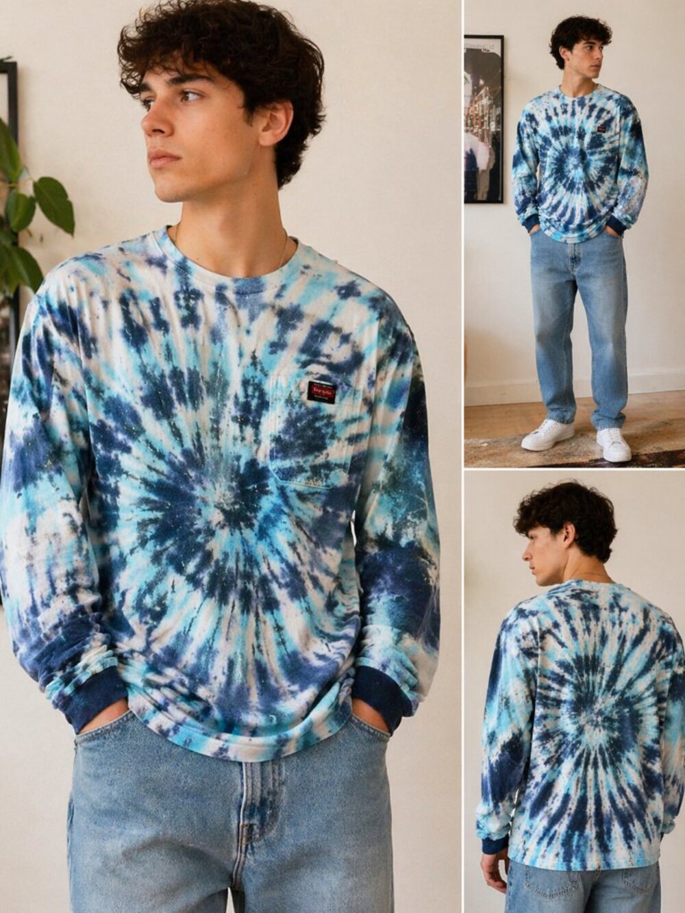 Wrangler Workwear Tie Dye Pocket Shirt Mens Medium Blue Long Sleeve Tee Cotton